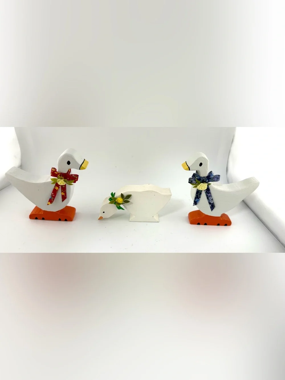 3 vintage 1980s hand-painted wooden country geese